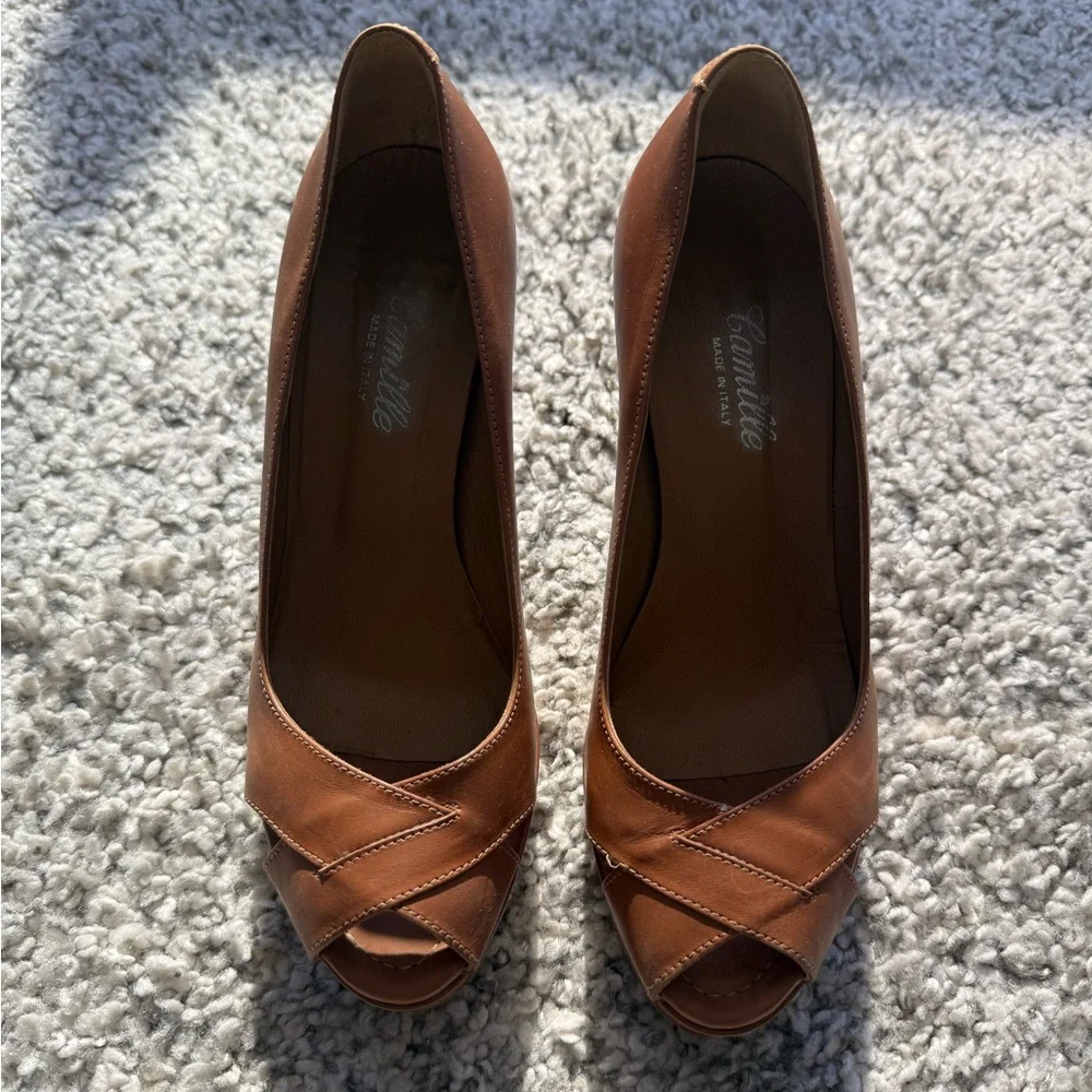 Brown Platform Peep Toe Heels EU 38 Stiletto Pumps Cutout Leather